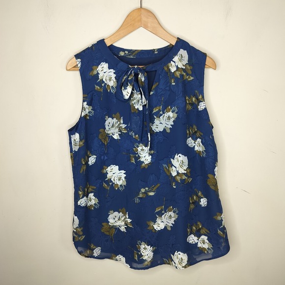 Talbots Tops - Tahari Floral Sleeveless Top Tie Neck Blue Olive